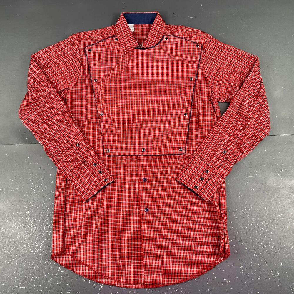 VTG Karman Shirt Mens MT Red Navy Micro Check Plaid Calvary Bib Rockabilly USA - Picture 2 of 8